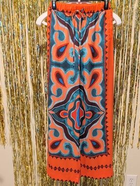 🔥Commense Boho Flare Pants, Orange Teal Print Wide Leg Pockets, Size S